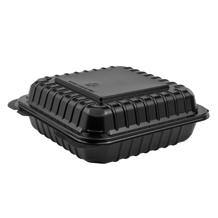 8''x8'' Black Hinged Containers - Large Black Clamshell Takeout Boxes - Karat PP Plastic - 250 count-Karat