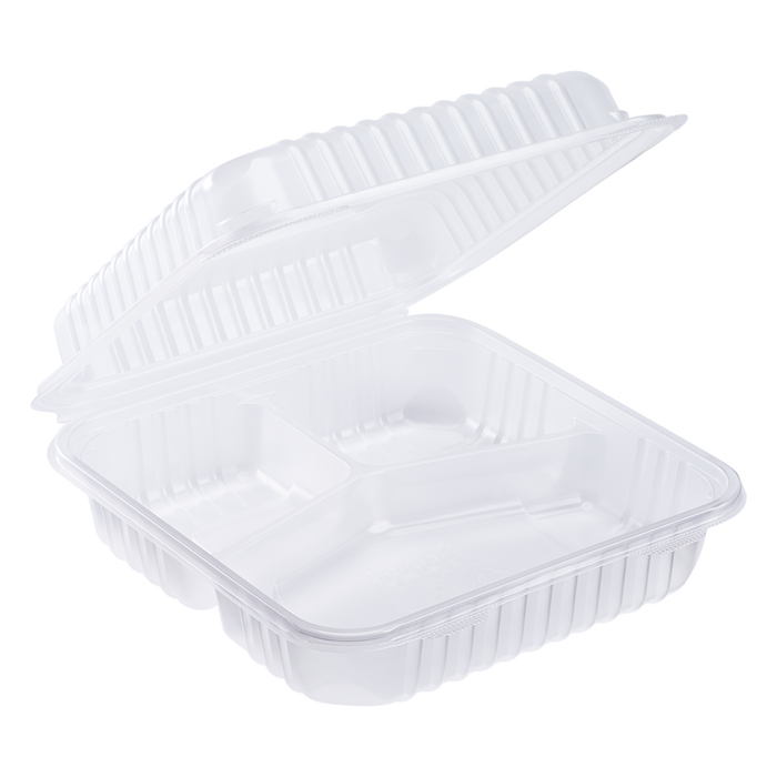 9''x9'' Hinged 3 Compartment Take out Boxes- Extra Large Clamshell Containers 3C - Karat PP Plastic - 200 ct-Karat