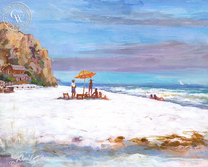 A Day at the Beach, Laguna, watercolor painting by David Solomon (American art). Fine art giclée print reproduction by California Watercolor for wall decor.