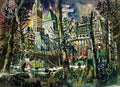 A Day in Central Park, 1949, watercolor painting by Dong Kingman (American art). Fine art giclée print reproduction by California Watercolor for wall decor.