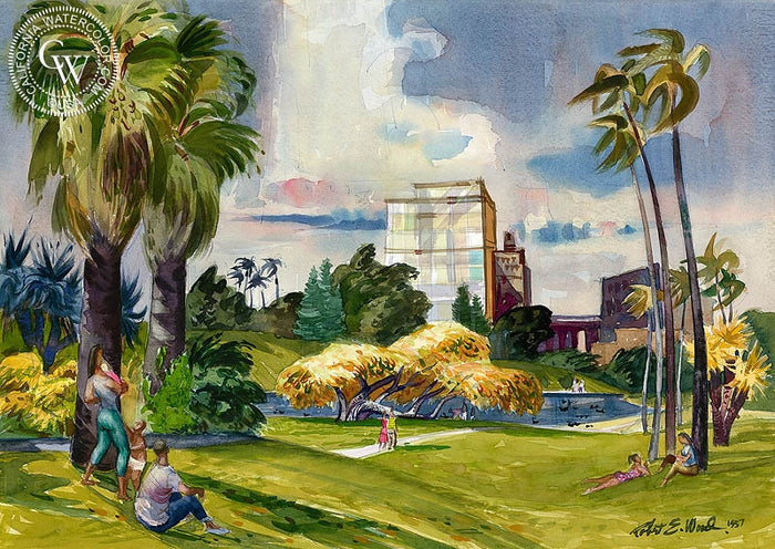 A Day in the Park, 1957, watercolor painting by Robert E. Wood (American art). Fine art giclée print reproduction by California Watercolor for wall decor.