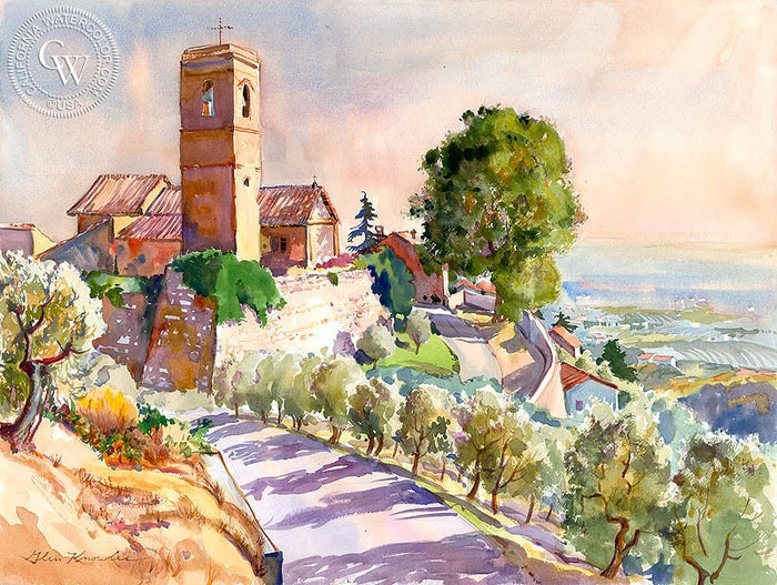 A View of Tuscany, watercolor painting by Glen Knowles (American art). Fine art giclée print reproduction by California Watercolor for wall decor.