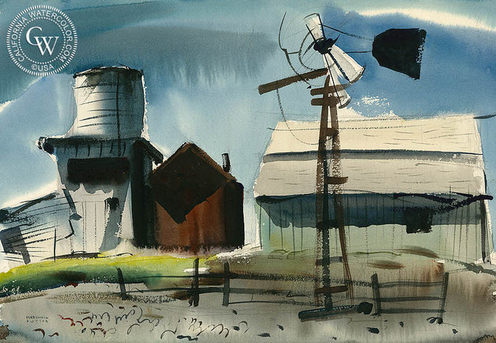 Abandoned Farm, 1948, watercolor painting by Marshall David Potter (American art). Original painting and fine art giclée reproduction by California Watercolor for wall decor.