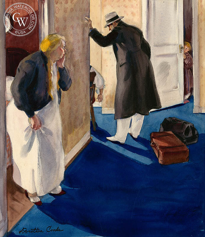 About to Leave, 1936, watercolor painting by Dorothea Cooke (Gramatky) (American art). Original painting and fine art giclée reproduction by California Watercolor for wall decor.