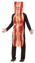 Person wearing a bacon costume with a white background