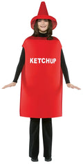 A woman modeling a ketchup bottle costume, featuring a red cone hat, a red cape printed with 'KETCHUP' in white, black long sleeves, and black pants, set against a plain white background.