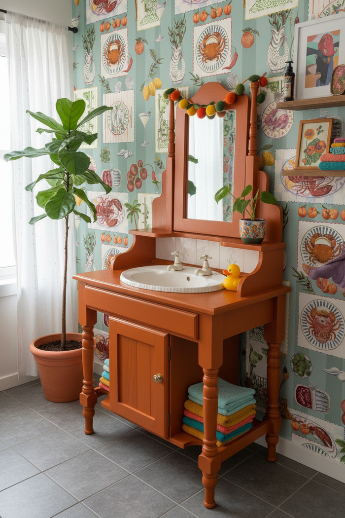 Orange vanity in fun bathroom with Alfresco Mediterranean Blue wallpaper