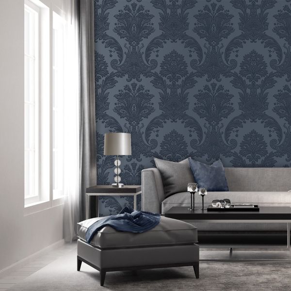 Amara Damask Wood Panel Wallpaper - Navy Blue