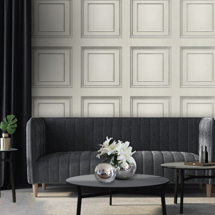 Amara Wood Panel Vinyl Wallpaper - Off White/Silver