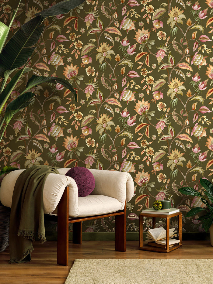 Amaranth wallpaper in Khaki on a feature wall, flowing botanical branches and blooms