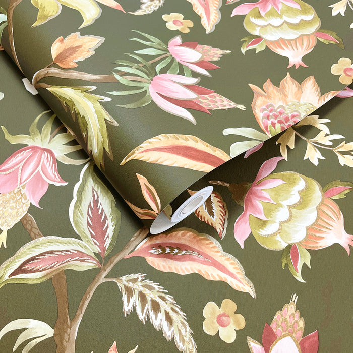 Amaranth Khaki wallpaper roll showing the Jacobean-style repeat