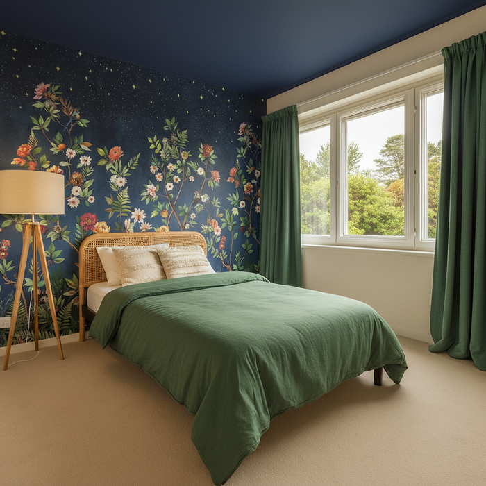 Bedroom with Green Duvet Cover and Amberwood Mural