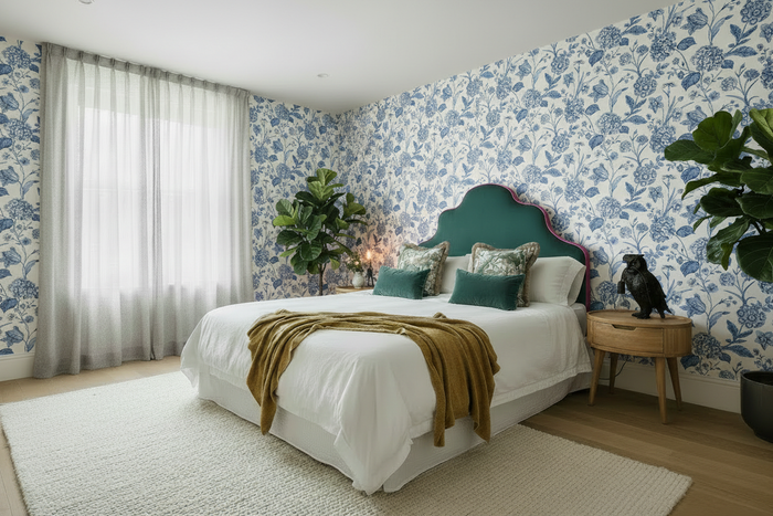 Bedroom with Amelie Hydrangea Wallpaper