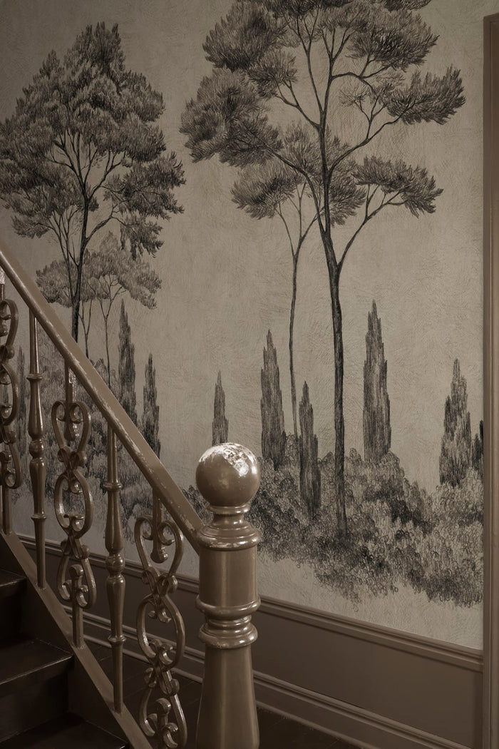 Andrea, Graphite wallpaper mural in a room setting
