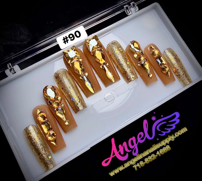 Angelina Handmade Custom Press-On Long Nail Design #090 - Champagne Royale