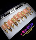 Angelina Handmade Custom Press-On Long Nail Design #093 - Golden Monarch