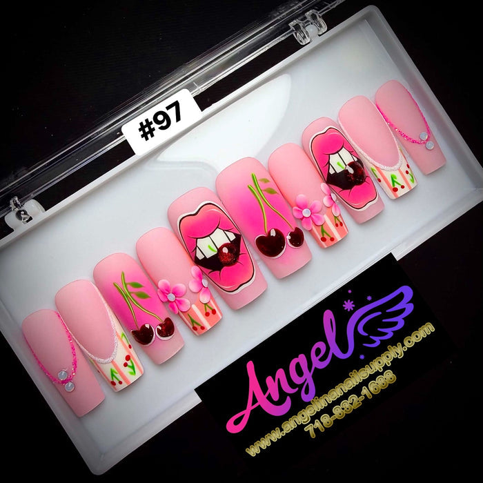 Angelina Handmade Custom Press-On Long Nail Design #097 - Sweet Cherry Pop