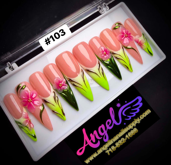 Angelina Handmade Custom Press-On Long Nail Design #103 - Spring Whisper