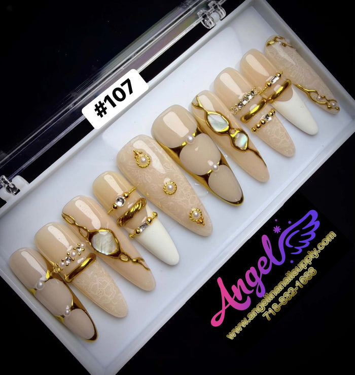 Angelina Handmade Custom Press-On Long Nail Design #107 - Golden Lace