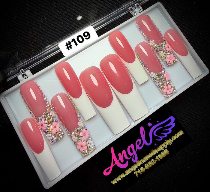 Angelina Handmade Custom Press-On Long Nail Design #109 - Rosy Sparkle