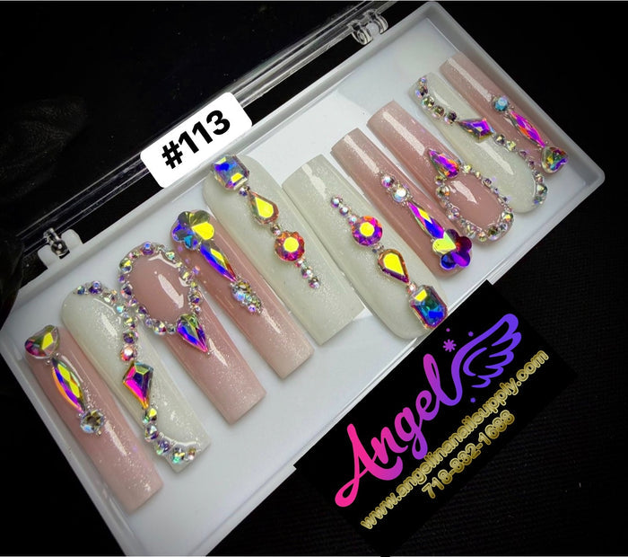 Angelina Handmade Custom Press-On Long Nail Design #113 - Diamond Veil