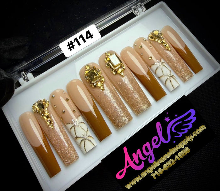 Angelina Handmade Custom Press-On Long Nail Design #114 - Toffee Elegance
