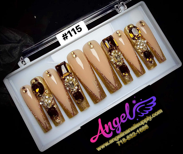 Angelina Handmade Custom Press-On Long Nail Design #115 - Golden Duchess