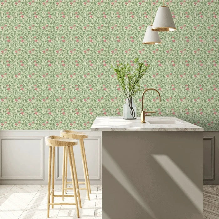 Arbutus by Morris Wallpaper - Olive/Pink