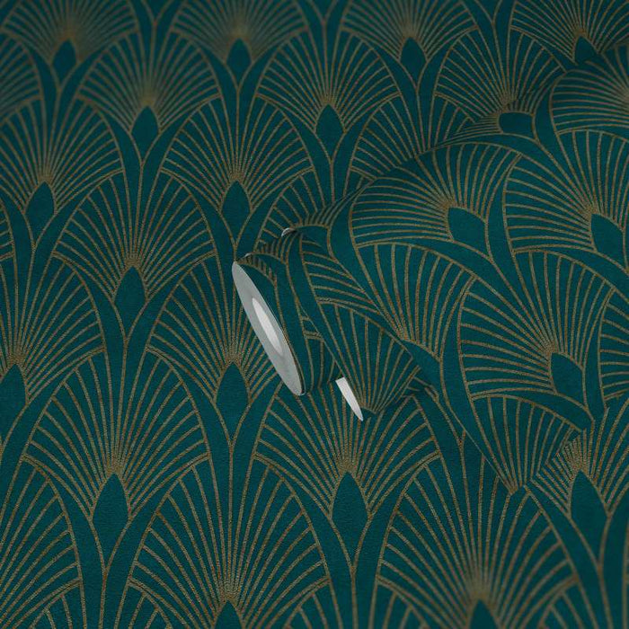 Art Deco Baroque Fans Non Woven Wallpaper- Turquoise