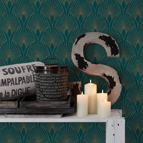 Art Deco Baroque Fans Non Woven Wallpaper- Turquoise