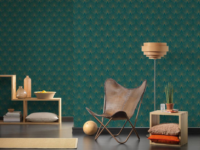 Art Deco Baroque Fans Non Woven Wallpaper- Turquoise