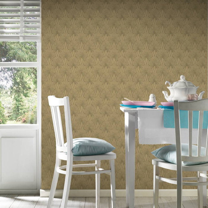 Art Deco Baroque Fans Wallpaper - Beige/Gold - Last 3 Rolls