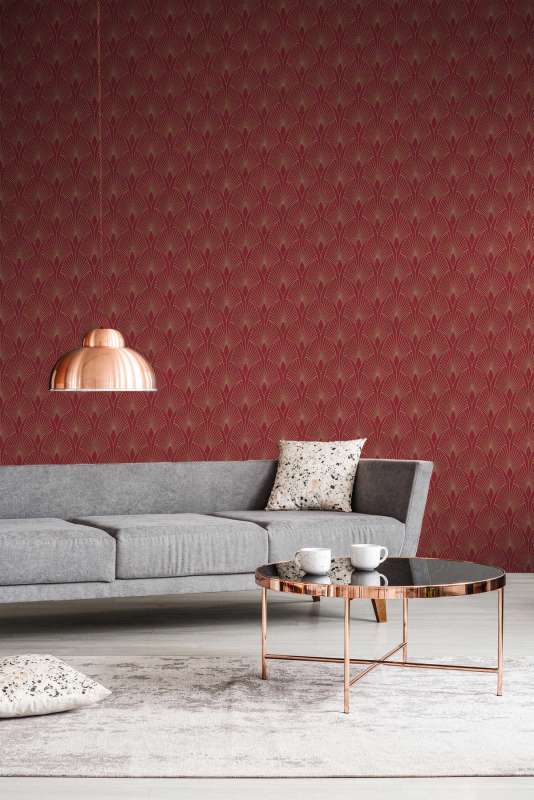 Art Deco Baroque Fans Wallpaper - Red/Gold - Discontinuing