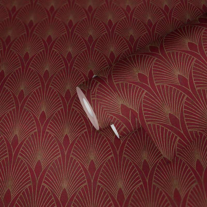Art Deco Baroque Fans Wallpaper - Red/Gold - Discontinuing