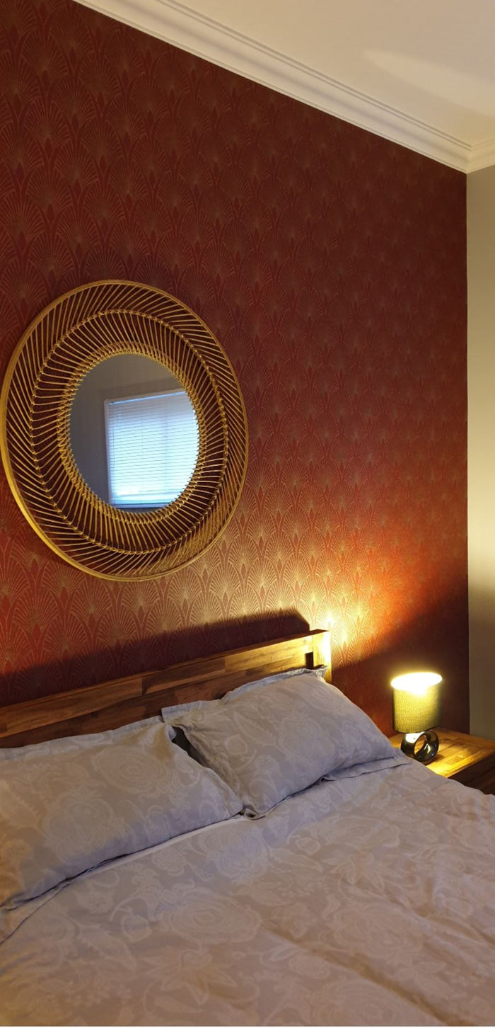 Art Deco Baroque Fans Wallpaper - Red/Gold - Discontinuing