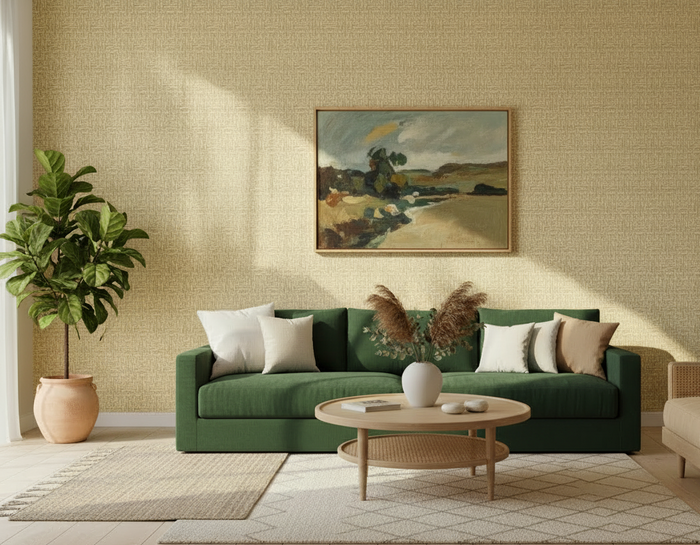 Bright Room Shot with Dark Green Sofas and Fine Wheat Grasscloth