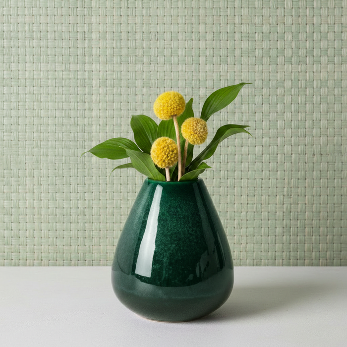 Dark Green Vase with Leaves on Basket Weave Lightest Green