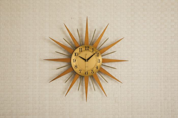 Sunburst Clock with Basket Weave Natural Wallpaper
