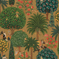 Antique gold Bengal Forest wallpaper with monkeys, elephants and tigers — flat pattern detail