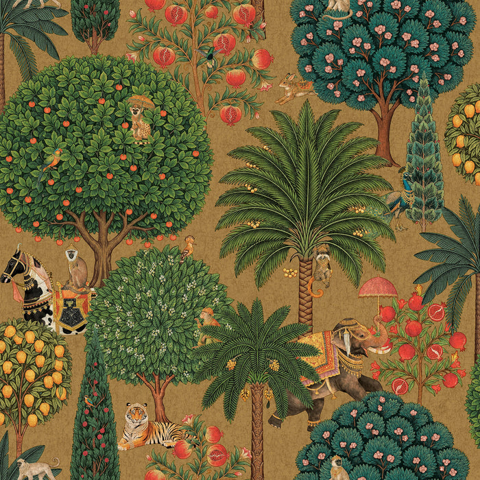 Antique gold Bengal Forest wallpaper with monkeys, elephants and tigers — flat pattern detail