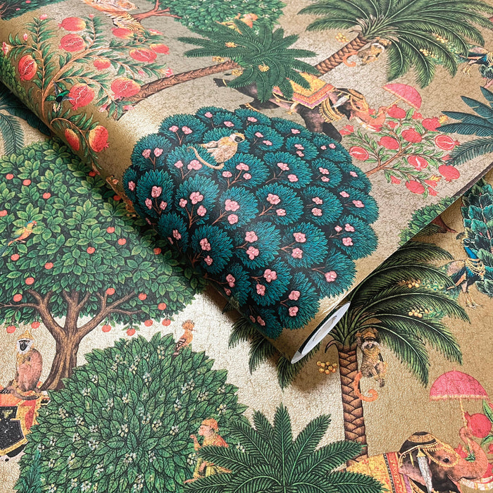 Bengal Antique Gold wallpaper roll showing the Bengal Forest repeat