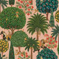 Blush Bengal Forest wallpaper with monkeys, elephants and tigers — flat pattern detail