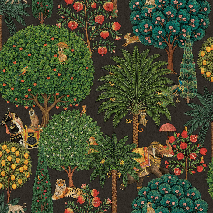 Charcoal Bengal Forest wallpaper with monkeys, elephants and tigers — flat pattern detail