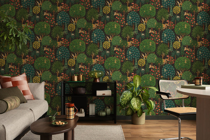 Bengal wallpaper in Charcoal on a feature wall, jewelled animal motifs among leaves