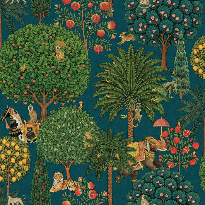 Teal Bengal Forest wallpaper with monkeys, elephants and tigers — flat pattern detail