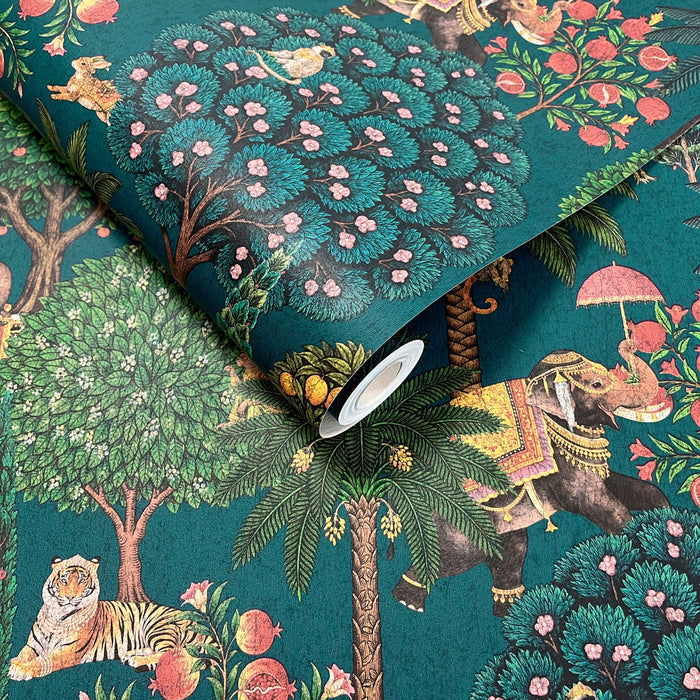 Bengal Teal wallpaper roll showing the Bengal Forest repeat