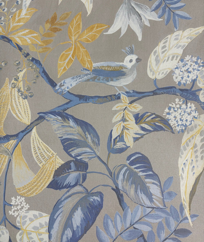 Birds Sing and Flowers Bloom Wallpaper - Beige Blue Shimmer