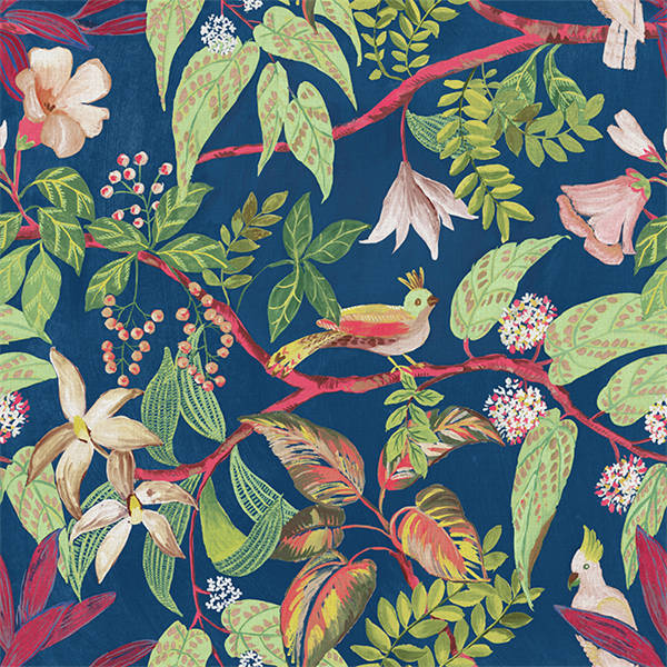 Birds Sing and Flowers Bloom Wallpaper - Blue