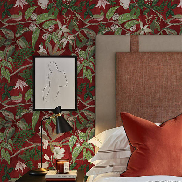 Birds Sing and Flowers Bloom Wallpaper - Burgundy