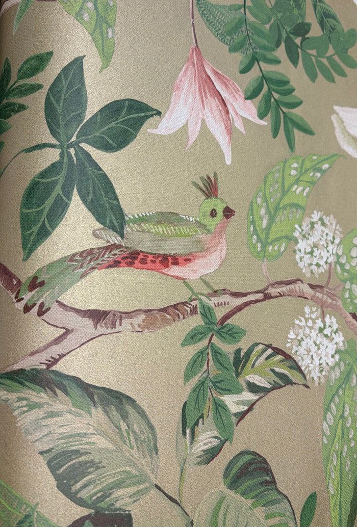 Birds Sing and Flowers Bloom Wallpaper - Gold Green